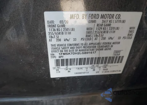 2020 Ford Explorer Xlt z USA, uszkodzony, nr VIN 1FMSK7DH2LGB91617